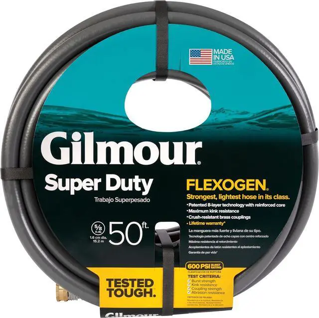 Main image of Gilmour Flexogen 5/8 in x 50 ft Garden Hose, Heavy Duty Water Hose, Flexible and Kink Resistant Outdoor Hose, Gray