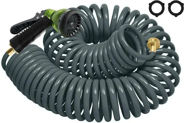 Main image of Coil Hose 25FT EVA Coil Garden Hose With 3/4'' Brass Connector Coiled Water Hose Lightweight And No Kink Includes 7 Patterns Spray Nozzle For Outdoors Lawn Watering Car Washing