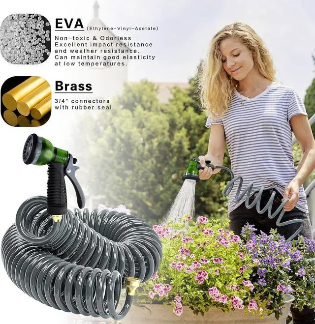 Alt view image 2 of 7 - Coil Hose 25FT EVA Coil Garden Hose With 3/4'' Brass Connector Coiled Water Hose Lightweight And No Kink Includes 7 Patterns Spray Nozzle For Outdoors Lawn Watering Car Washing