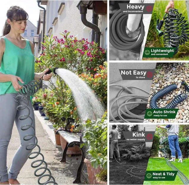 Alt view image 5 of 7 - Coil Hose 25FT EVA Coil Garden Hose With 3/4'' Brass Connector Coiled Water Hose Lightweight And No Kink Includes 7 Patterns Spray Nozzle For Outdoors Lawn Watering Car Washing