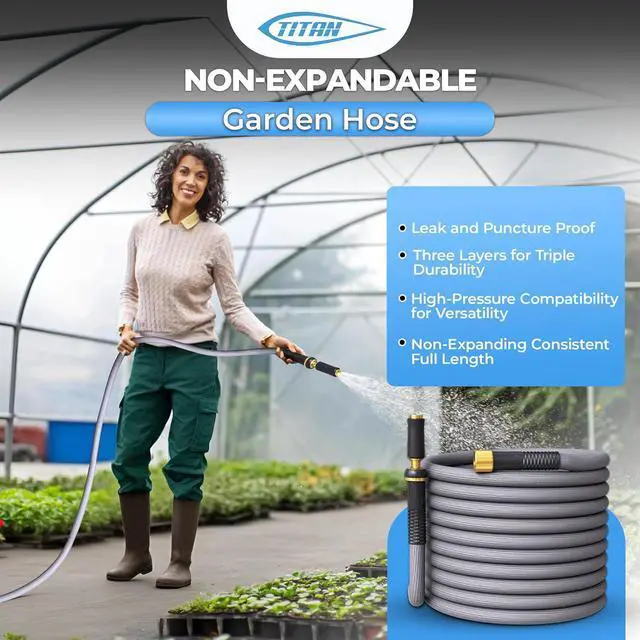 Alt view image 4 of 7 - TITAN Garden Hose | Flexible, Lightweight, Kink-Free & Durable Hybrid Water Hose with Heavy Duty Brass Connectors & High-Pressure Jet Nozzle (75FT x 5/8)