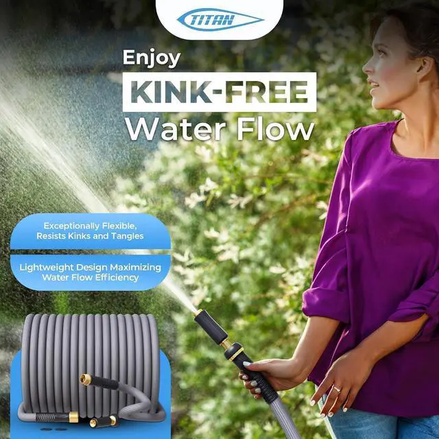 Alt view image 6 of 7 - TITAN Garden Hose | Flexible, Lightweight, Kink-Free & Durable Hybrid Water Hose with Heavy Duty Brass Connectors & High-Pressure Jet Nozzle (75FT x 5/8)