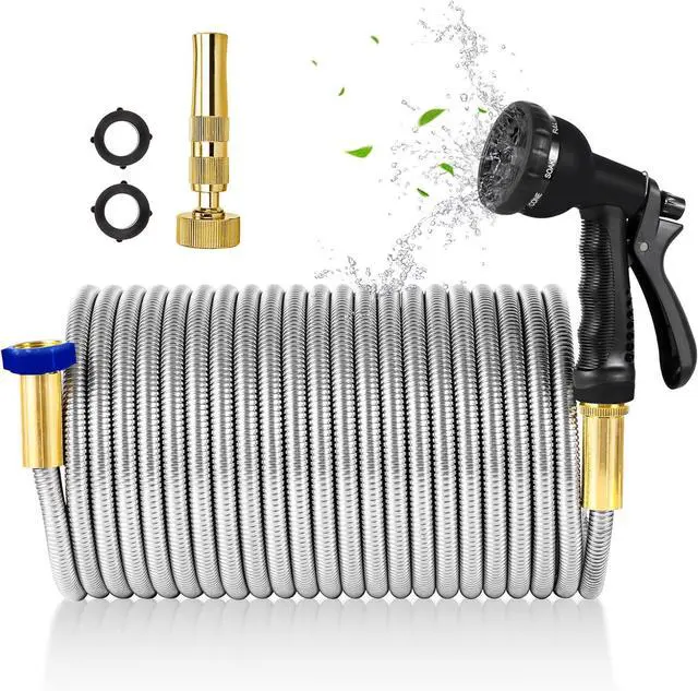Main image of 304 Stainless Steel Garden Hose with Brass Nozzle Outdoor Hose, 7 Function Spray Gun Solid Metal Fittings Water Hose Flexible Kink Free and Easy to Store (25FT)
