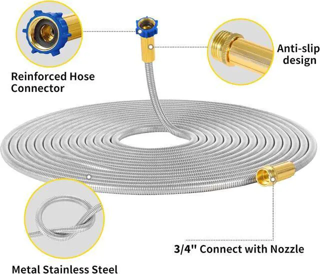 Alt view image 2 of 6 - 304 Stainless Steel Garden Hose with Brass Nozzle Outdoor Hose, 7 Function Spray Gun Solid Metal Fittings Water Hose Flexible Kink Free and Easy to Store (25FT)
