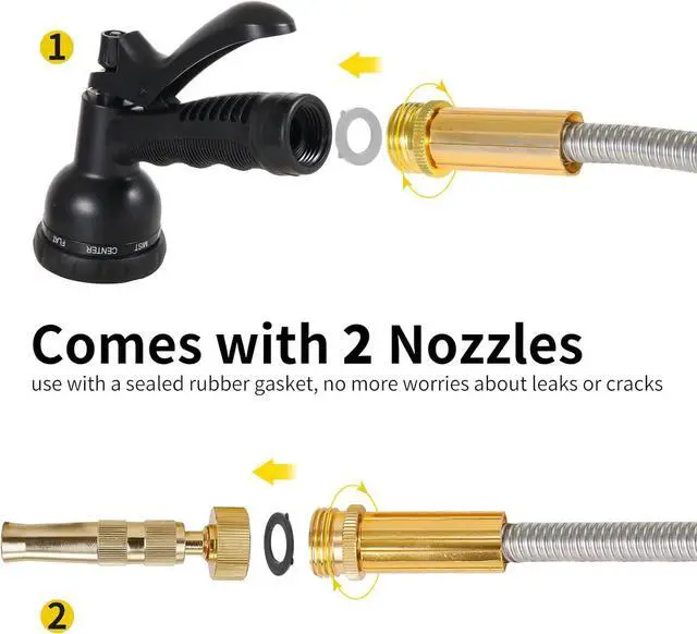 Alt view image 4 of 6 - 304 Stainless Steel Garden Hose with Brass Nozzle Outdoor Hose, 7 Function Spray Gun Solid Metal Fittings Water Hose Flexible Kink Free and Easy to Store (25FT)