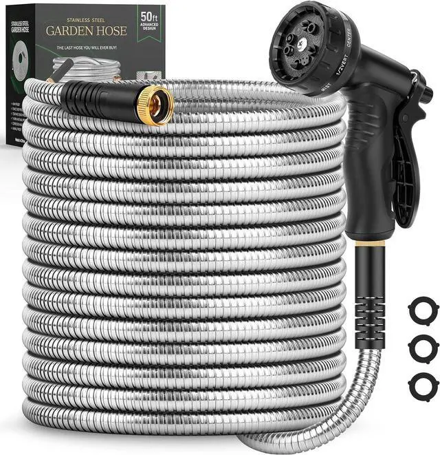 Main image of Garden Hose 50 FT, Metal Stainless Steel Water Hose with 10 Function Nozzles, No Kinks, Flexible Hose, Lightweight, Puncture Proof, Heavy Duty Hose for Yard and Outdoor