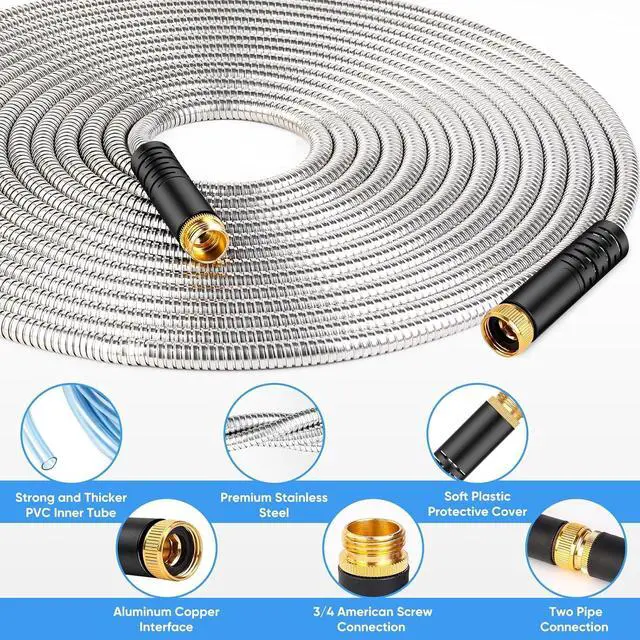 Alt view image 3 of 7 - Garden Hose 50 FT, Metal Stainless Steel Water Hose with 10 Function Nozzles, No Kinks, Flexible Hose, Lightweight, Puncture Proof, Heavy Duty Hose for Yard and Outdoor