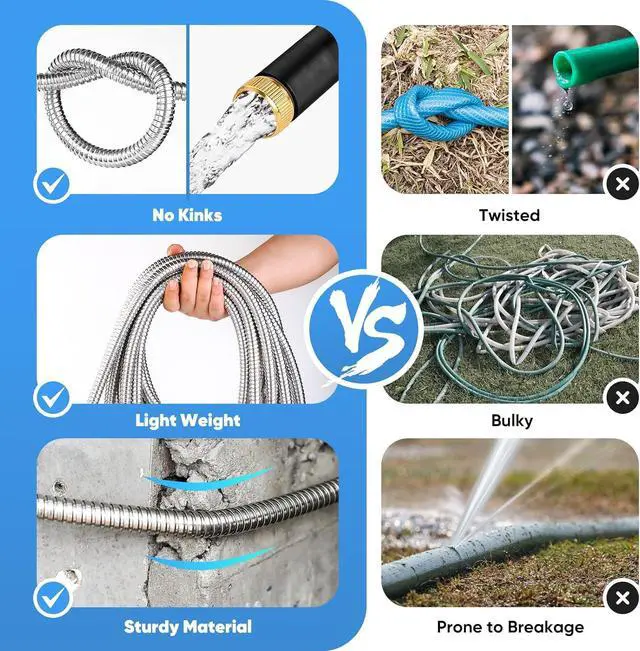 Alt view image 4 of 7 - Garden Hose 50 FT, Metal Stainless Steel Water Hose with 10 Function Nozzles, No Kinks, Flexible Hose, Lightweight, Puncture Proof, Heavy Duty Hose for Yard and Outdoor