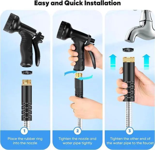 Alt view image 7 of 7 - Garden Hose 50 FT, Metal Stainless Steel Water Hose with 10 Function Nozzles, No Kinks, Flexible Hose, Lightweight, Puncture Proof, Heavy Duty Hose for Yard and Outdoor