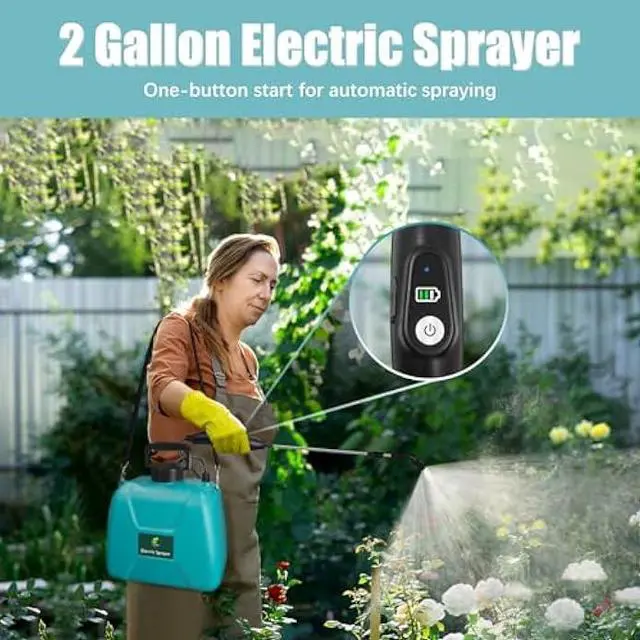 Alt view image 2 of 5 - 2 Gallon Battery Powered Garden Sprayer, Electric Sprayer with USB Rechargeable Handle, 3 Mist Nozzles, Retractable Wand, Water Pump Sprayers with Adjustable Shoulder Strap for Yard, Lawn and Garden