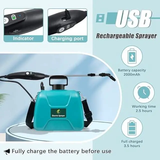Alt view image 4 of 5 - 2 Gallon Battery Powered Garden Sprayer, Electric Sprayer with USB Rechargeable Handle, 3 Mist Nozzles, Retractable Wand, Water Pump Sprayers with Adjustable Shoulder Strap for Yard, Lawn and Garden