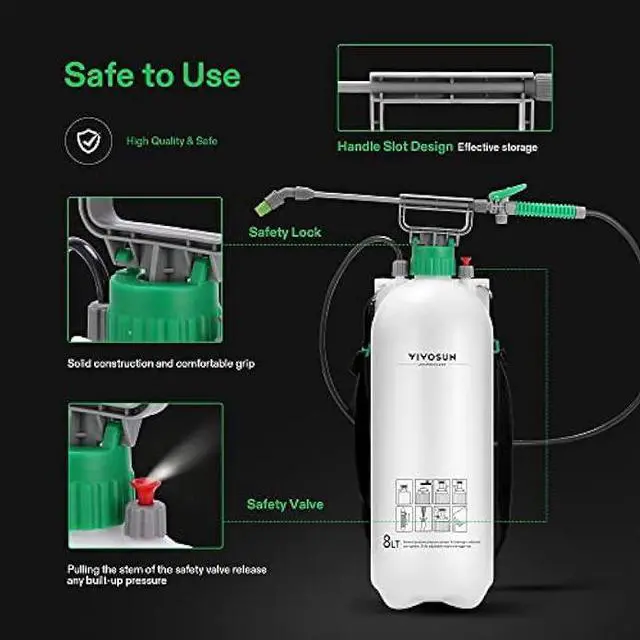 Alt view image 4 of 5 - VIVOSUN Pump Sprayer 2.1 Gallon, Portable Water Spray Bottle in Lawn and Garden Yard, Weed Sprayer for Plants with 3 Nozzles, Adjustable Shoulder Strap, Pressure Relief Valve