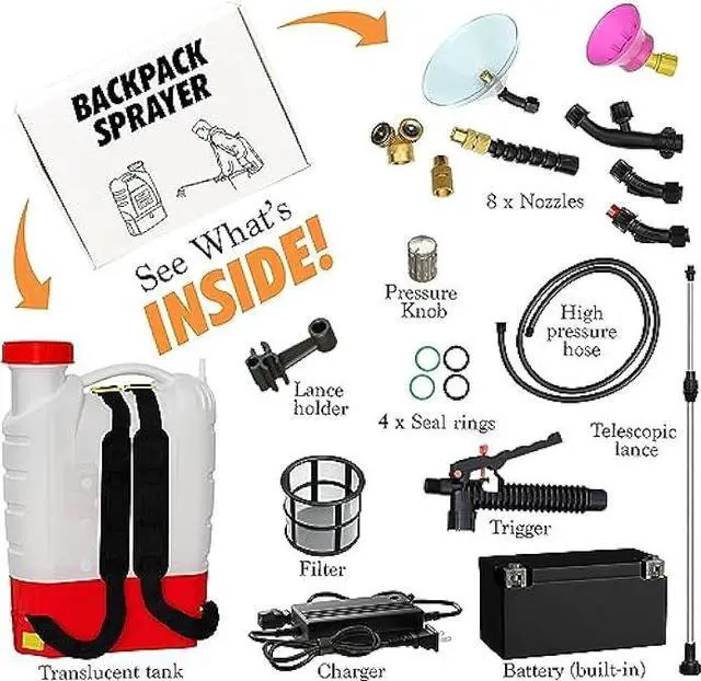Alt view image 2 of 5 - Battery Powered Backpack Sprayer - 4.2 Gallon, 8 Nozzles, 100PSI Cutoff, Long Battery Life, Wide Mouth, High-Pressure Spray Hose, Trigger Lock, Pressure Knob Controller