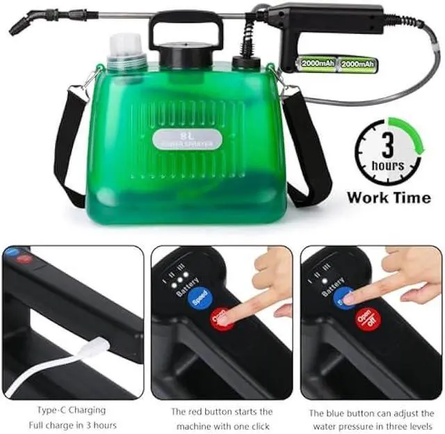 Alt view image 2 of 5 - Battery Powered Sprayer 2 Gallon, Electric Sprayer with 4 Mist Nozzles, USB Rechargeable Handle, 32in telescopic Wand, Garden Sprayer with Adjustable Shoulder Strap for Lawn, Garden, Cleaning
