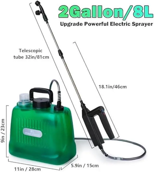 Alt view image 5 of 5 - Battery Powered Sprayer 2 Gallon, Electric Sprayer with 4 Mist Nozzles, USB Rechargeable Handle, 32in telescopic Wand, Garden Sprayer with Adjustable Shoulder Strap for Lawn, Garden, Cleaning