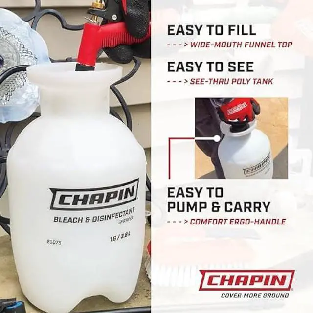 Alt view image 4 of 5 - Chapin 20074: Made in The USA Disinfectant Bleach Sprayer, 1-Gallon, Adjustable Cone Nozzle, Compatible with Bleach Solutions and Fungicides, Bonus Spray Shield, Translucent White
