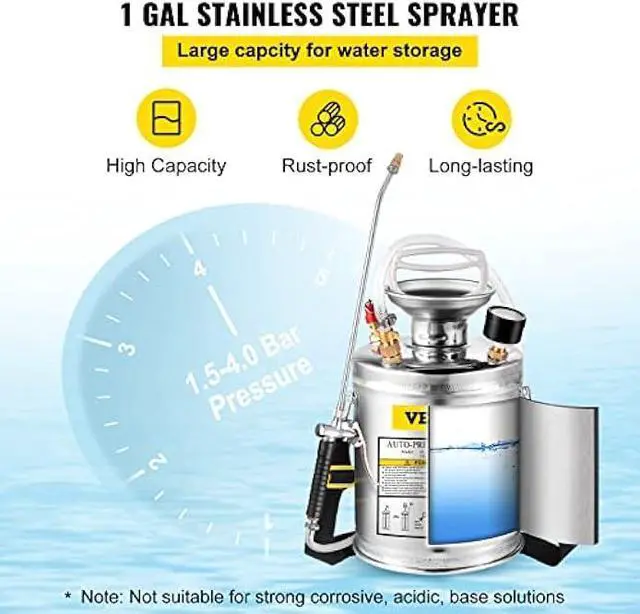 Alt view image 3 of 5 - Happybuy 1 Gallon Stainless Steel Sprayer, 12 Wand & 3FT Reinforced Hose, Hand Pump Sprayer with Pressure Gauge, Safety Valve & Adjustable Nozzle, Garden Weed Sprayer for Lawn, Gardening, Sanitizing