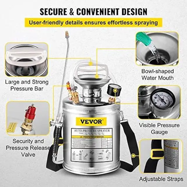 Alt view image 5 of 5 - Happybuy 1 Gallon Stainless Steel Sprayer, 12 Wand & 3FT Reinforced Hose, Hand Pump Sprayer with Pressure Gauge, Safety Valve & Adjustable Nozzle, Garden Weed Sprayer for Lawn, Gardening, Sanitizing
