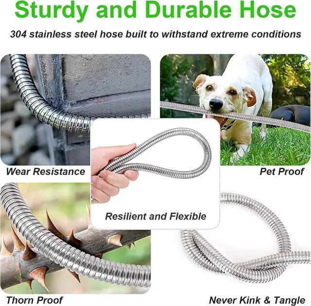 Alt view image 5 of 7 - Metal Garden Hose 25FT, Stainless Water Hose with Adjustable Nozzle Sprayer, Heavy Duty Hoses for Yard, Outdoor - Flexible, Never Kink & Tangle, Puncture Resistant,