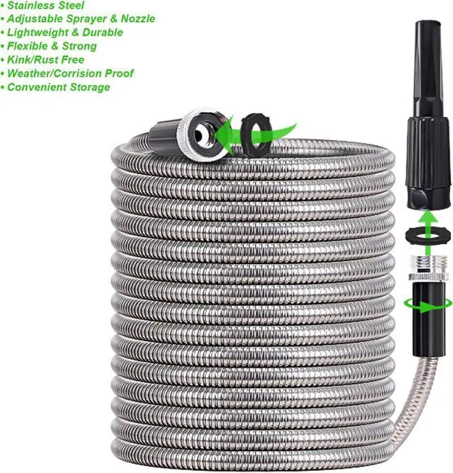 Alt view image 7 of 7 - Metal Garden Hose 25FT, Stainless Water Hose with Adjustable Nozzle Sprayer, Heavy Duty Hoses for Yard, Outdoor - Flexible, Never Kink & Tangle, Puncture Resistant,
