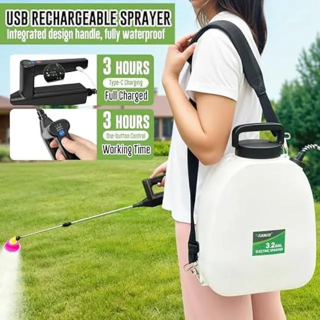 Alt view image 3 of 5 - Battery Powered Sprayer 3.2 Gallon, VAXMAY Backpack Sprayer with 3 Adjustable Speeds, Battery Indicator, 5 Mist Nozzles, 41 Retractable Wand, USB Rechargeable Weed Sprayer for Lawn Garden Yard