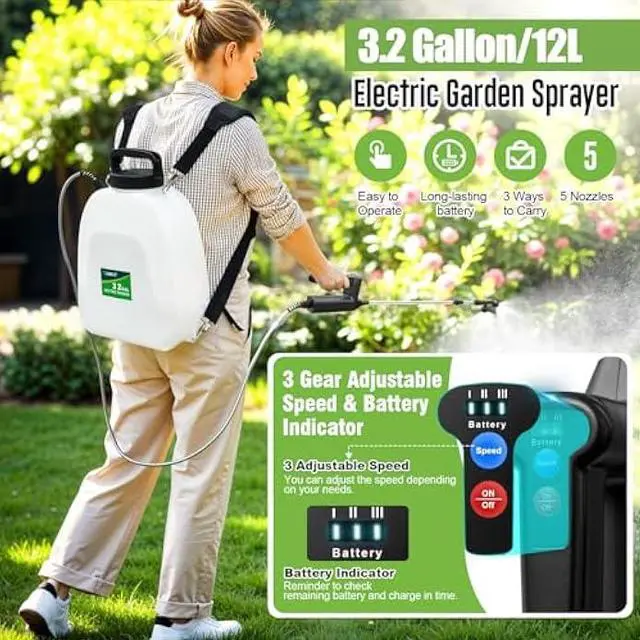 Alt view image 2 of 5 - Battery Powered Sprayer 3.2 Gallon, VAXMAY Backpack Sprayer with 3 Adjustable Speeds, Battery Indicator, 5 Mist Nozzles, 41 Retractable Wand, USB Rechargeable Weed Sprayer for Lawn Garden Yard
