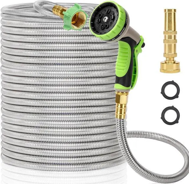 Main image of Metal Garden Hose 100FT, Stainless Steel Heavy Duty Water Hose with 10 Function Nozzle & Brass Nozzle, Sturdy and Lightweight, No Kink & Tangle, Easy to Use & Store, Suitable for Yard and Lawn