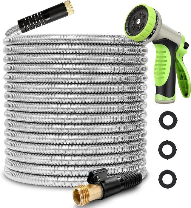 Main image of 25FT Metal Garden Hose 304 Stainless Steel Flexible Water Hose - No Kink & Tangle Heavy Duty Pipe with Nozzle, Durable 3/4 Brass Fittings and Valve - Rust Proof Puncture Proof for Yard Lawn