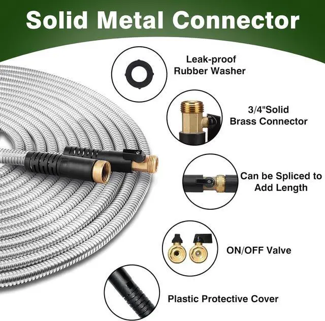Alt view image 2 of 7 - 25FT Metal Garden Hose 304 Stainless Steel Flexible Water Hose - No Kink & Tangle Heavy Duty Pipe with Nozzle, Durable 3/4 Brass Fittings and Valve - Rust Proof Puncture Proof for Yard Lawn