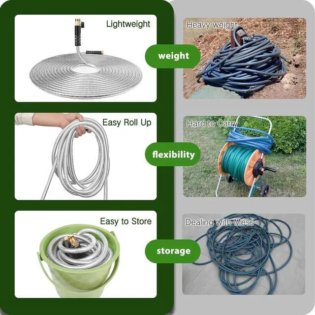 Alt view image 4 of 7 - 25FT Metal Garden Hose 304 Stainless Steel Flexible Water Hose - No Kink & Tangle Heavy Duty Pipe with Nozzle, Durable 3/4 Brass Fittings and Valve - Rust Proof Puncture Proof for Yard Lawn