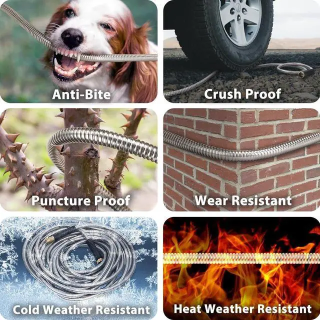 Alt view image 7 of 7 - 25FT Metal Garden Hose 304 Stainless Steel Flexible Water Hose - No Kink & Tangle Heavy Duty Pipe with Nozzle, Durable 3/4 Brass Fittings and Valve - Rust Proof Puncture Proof for Yard Lawn