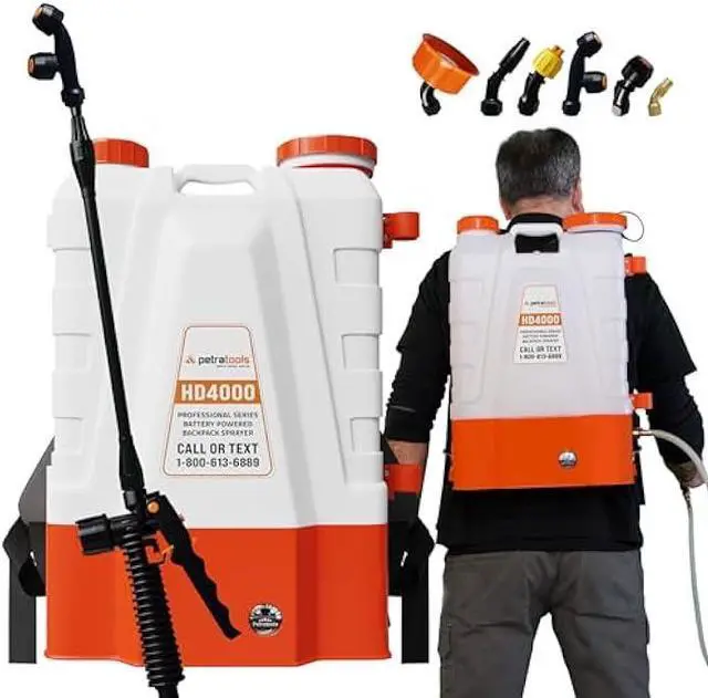 Main image of PetraTools Battery Powered Backpack Sprayer 4 Gallon - 6 Hours Long Battery Life & Padded Straps for Comfort - HD4000 Electric Backpack Garden Sprayer with 6 Spray Nozzles & 90PSI Adjustable Pressure
