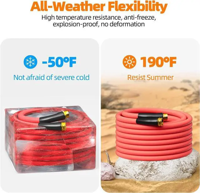 Alt view image 2 of 7 - Hot/Cold Heavy Duty Water Garden Hose -50 to 190, Water Garden Hose 50 ft x 5/8'', 600Psi & Lightweight & Flexible Rubber Hose with 3/4'' Brass fittings for Outdoor, Yard, RV