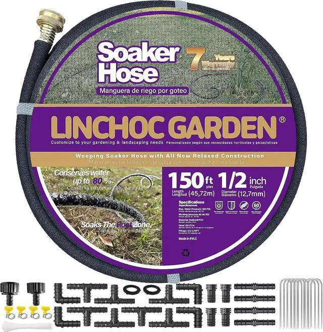 Main image of LICNCHOC GARDEN Soaker Hose 150ft,1/2 INCH Flexible Durable Garden Hose for Efficient Watering, Leak-Proof Design 100% Recycled Rubber,Ideal for Lawns,Gardens & Flower Beds
