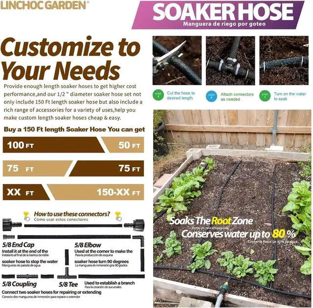 Alt view image 3 of 7 - LICNCHOC GARDEN Soaker Hose 150ft,1/2 INCH Flexible Durable Garden Hose for Efficient Watering, Leak-Proof Design 100% Recycled Rubber,Ideal for Lawns,Gardens & Flower Beds