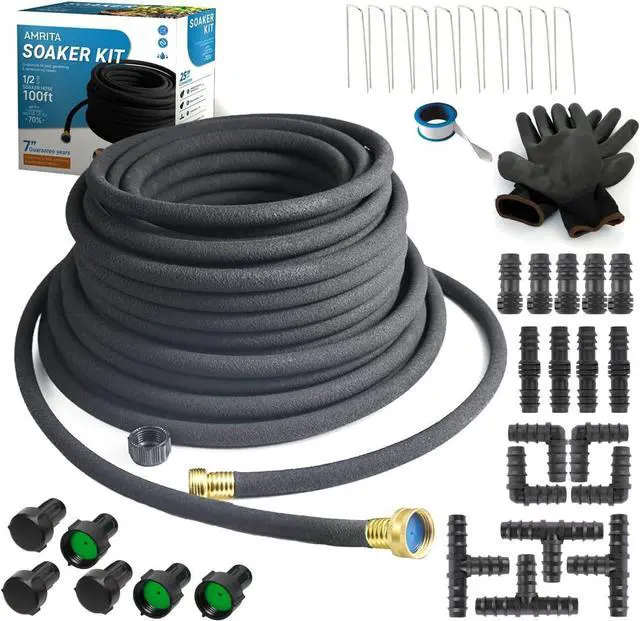 Main image of AMRITA Soaker Hose KIT,1/2inch 100ft Rubber Garden Hose 70% Water Saving,Black Heavy Duty Soaker Hose For Garden Lawn,Garden Raised Beds.(1/2-100FT)