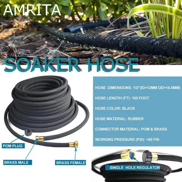 Alt view image 2 of 7 - AMRITA Soaker Hose KIT,1/2inch 100ft Rubber Garden Hose 70% Water Saving,Black Heavy Duty Soaker Hose For Garden Lawn,Garden Raised Beds.(1/2-100FT)