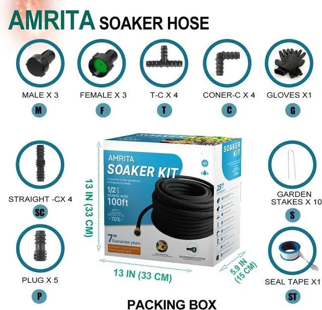 Alt view image 3 of 7 - AMRITA Soaker Hose KIT,1/2inch 100ft Rubber Garden Hose 70% Water Saving,Black Heavy Duty Soaker Hose For Garden Lawn,Garden Raised Beds.(1/2-100FT)