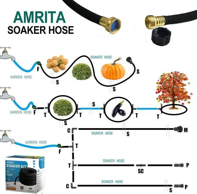 Alt view image 4 of 7 - AMRITA Soaker Hose KIT,1/2inch 100ft Rubber Garden Hose 70% Water Saving,Black Heavy Duty Soaker Hose For Garden Lawn,Garden Raised Beds.(1/2-100FT)