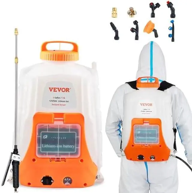 Main image of VEVOR Battery Powered Backpack Sprayer, 0-90 PSI Adjustable Pressure, 4 Gallon Tank, Back Pack Sprayer with 8 Nozzles and 2 Wands, 12V 8Ah Battery, Wide Mouth Lid for Weeding, Spraying, Cleaning
