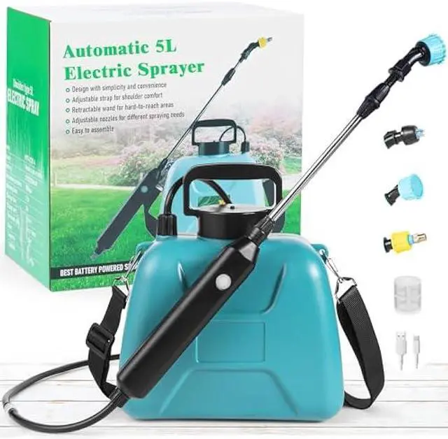 Main image of Automatic Battery Powered Sprayer  1.35 Gal Cordless Electric Sprayer with Zero Pump, Electric Water Sprayer with 3 Nozzles, USB Rechargeable Handle, & Adjustable Shoulder Strap