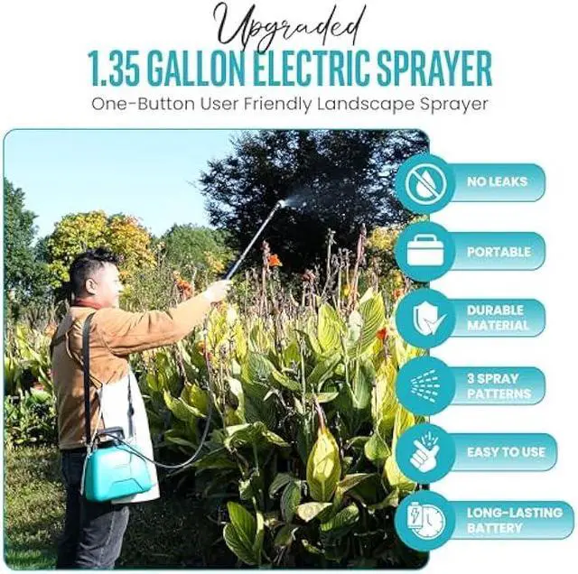 Alt view image 2 of 7 - Automatic Battery Powered Sprayer  1.35 Gal Cordless Electric Sprayer with Zero Pump, Electric Water Sprayer with 3 Nozzles, USB Rechargeable Handle, & Adjustable Shoulder Strap