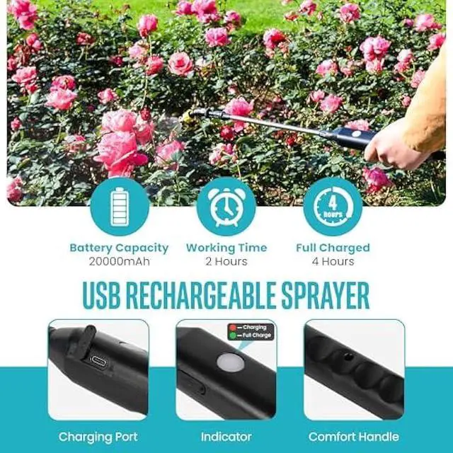 Alt view image 4 of 7 - Automatic Battery Powered Sprayer  1.35 Gal Cordless Electric Sprayer with Zero Pump, Electric Water Sprayer with 3 Nozzles, USB Rechargeable Handle, & Adjustable Shoulder Strap