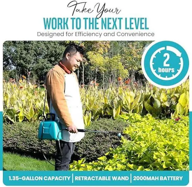 Alt view image 5 of 7 - Automatic Battery Powered Sprayer  1.35 Gal Cordless Electric Sprayer with Zero Pump, Electric Water Sprayer with 3 Nozzles, USB Rechargeable Handle, & Adjustable Shoulder Strap