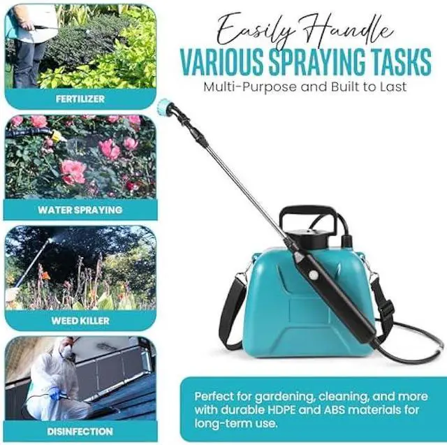 Alt view image 7 of 7 - Automatic Battery Powered Sprayer  1.35 Gal Cordless Electric Sprayer with Zero Pump, Electric Water Sprayer with 3 Nozzles, USB Rechargeable Handle, & Adjustable Shoulder Strap