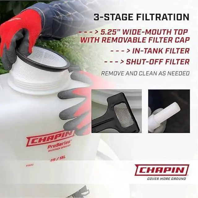 Alt view image 5 of 5 - Chapin 61800 4-Gallon Made in USA Professional Backpack Sprayer with Brass Adjustable and Poly Fan/Cone Nozzles, Cushion Grip Shut-Off, 3-Stage Filtration System, Translucent White