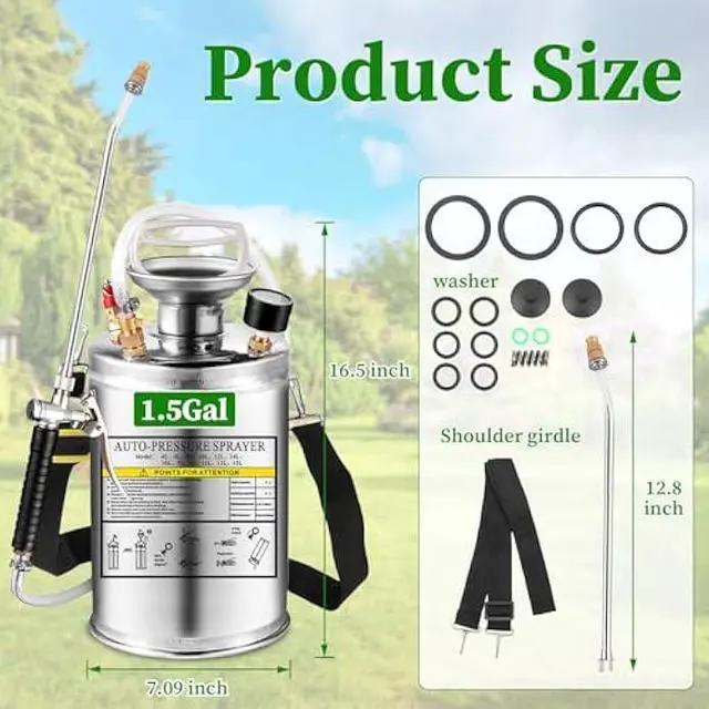 Alt view image 2 of 5 - 1.5Gal Stainless Steel Pump Up Sprayer Reinforced Hose, Hand Pump Sprayer with Pressure Gauge&Safety Valve, Adjustable Nozzle Suitable for Gardening (1.5 Gallon)