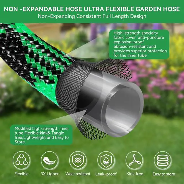 Alt view image 2 of 6 - 25FT NON-EXPANDABLE Garden Hose Ultra Lightweight Hose & Flexible Water Hose with 10-Pattern Spray Nozzle- Explosion-proof, High-Strength Special Cloth Cover with 3/4" Brass Connector.
