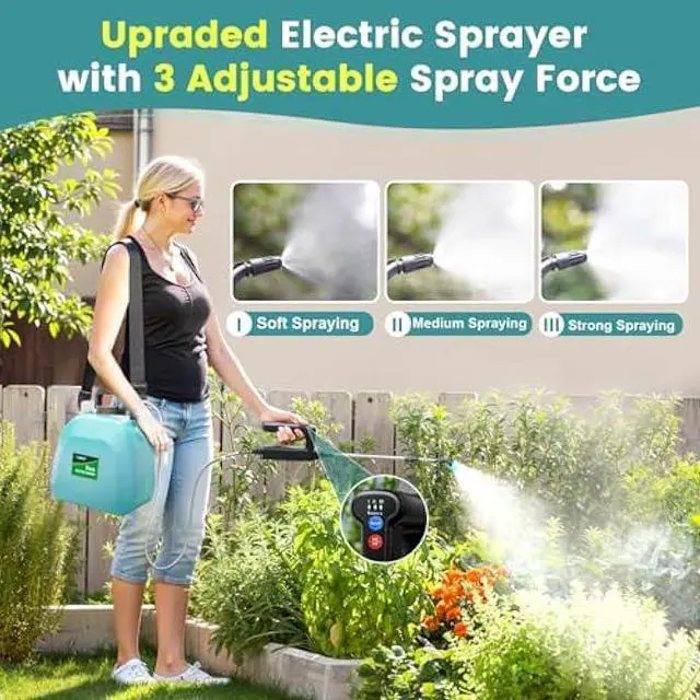 Alt view image 2 of 5 - Battery Powered Sprayer 2 Gallon, 2025 Upgrade Electric Sprayer with 3 Adjustable Speed, Battery Indicator, 4 Mist Nozzles, Rechargeable Retractable Wand with Adjustable Shoulder Strap for Lawn Garden