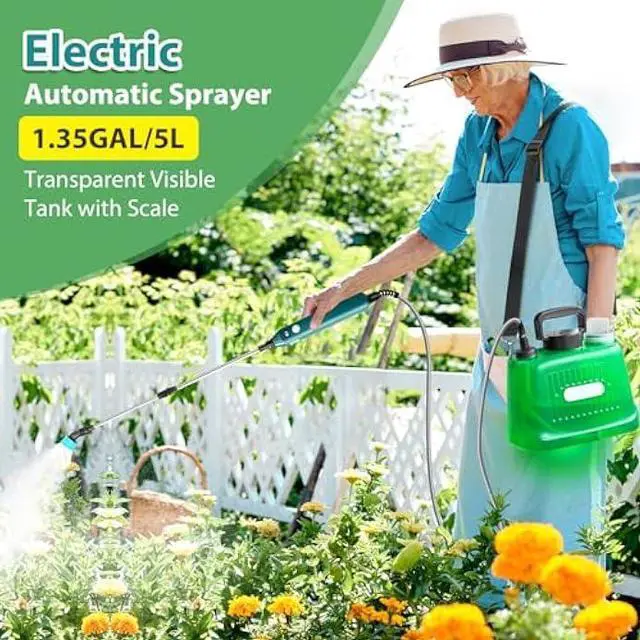 Alt view image 2 of 5 - Battery Powered Sprayer, Upgraded 1.35 Gallon Electric Garden Sprayer with Battery Indicator, 23.6 Telescopic Wand, 3 Mist Nozzles, Shoulder Type Weed Sprayer for Yard, Lawn and Garden
